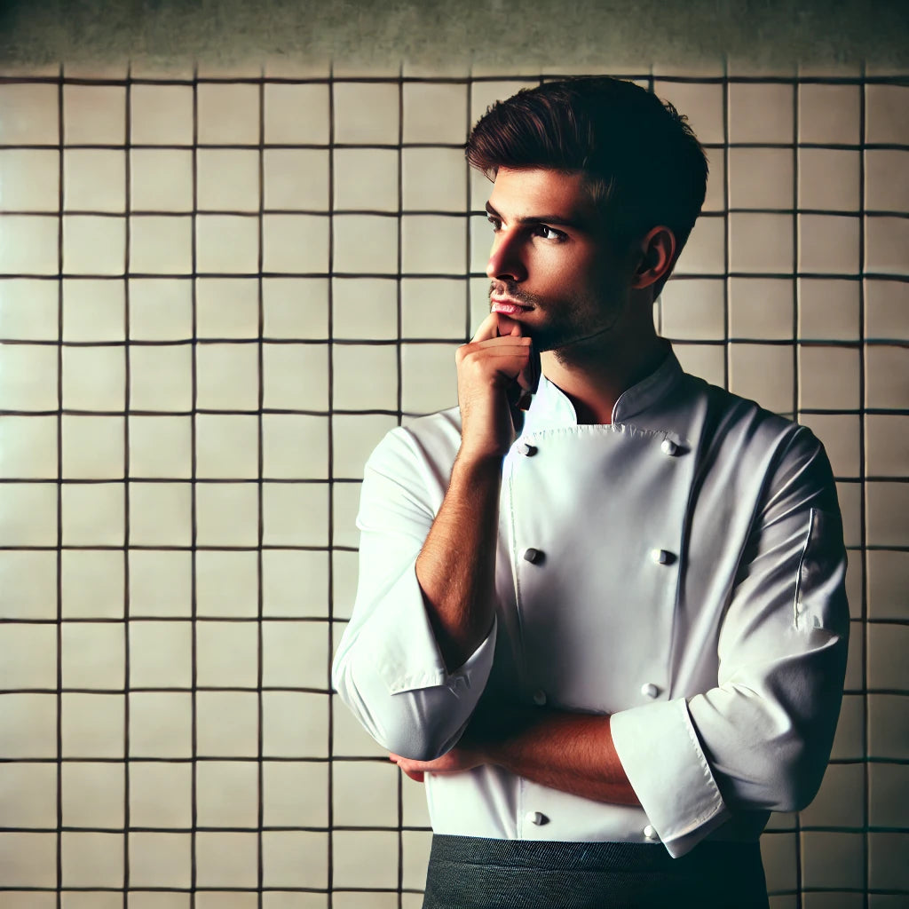 Chef Staring into the air against a white tiled kitchen wall.
